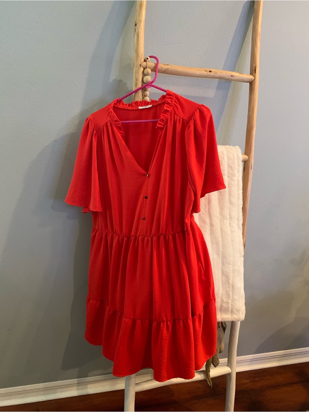 Short Sleeve Tiered Dress in Vibrant Red/ Orange XL